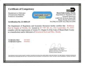 McKinsey Steel Miami-Dade County Approved Certificate of Competency