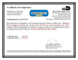 McKinsey Steel Miami-Dade County Approved 2022-2023 Certificate of Competency